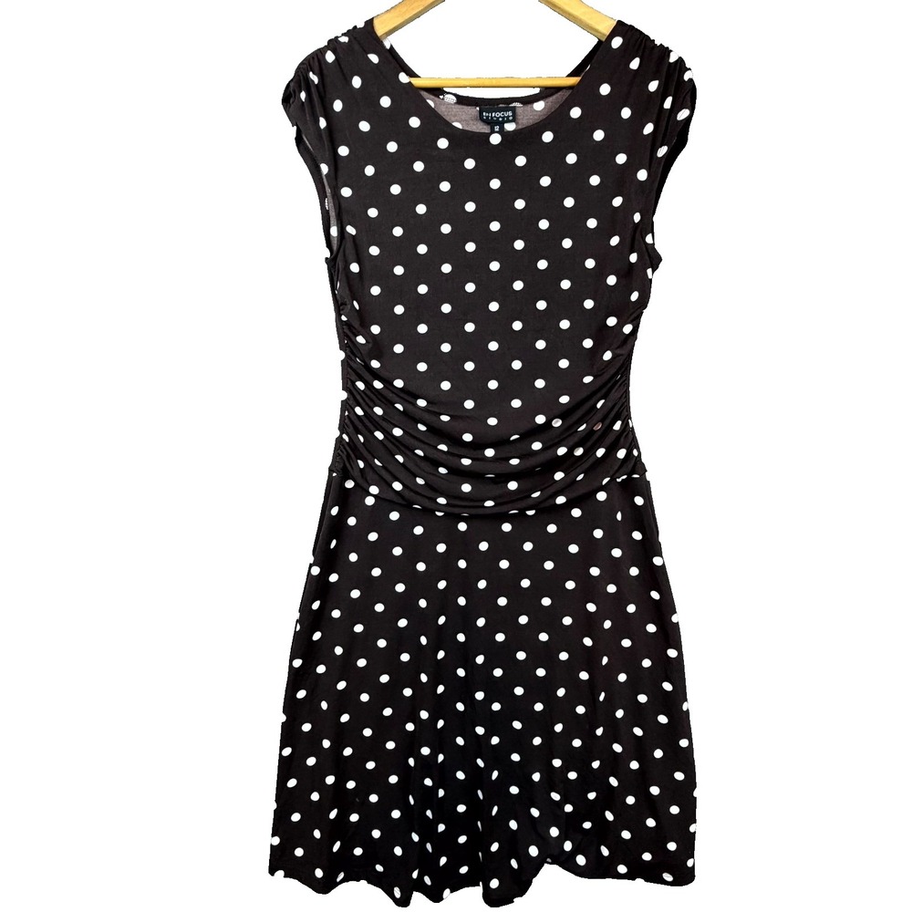 En Focus Studio Sheath Dress Womens 12 Brown Stretch Polka Dot Sleeveless Ruched